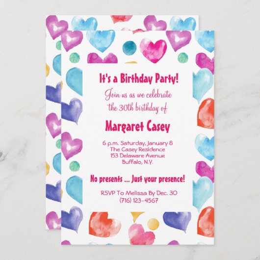 Cute Colorful Retro Waterverf Hearts Birthday Kaart (Voorkant / Achterkant)