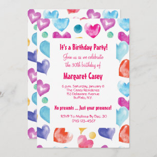 Cute Colorful Retro Waterverf Hearts Birthday Kaart