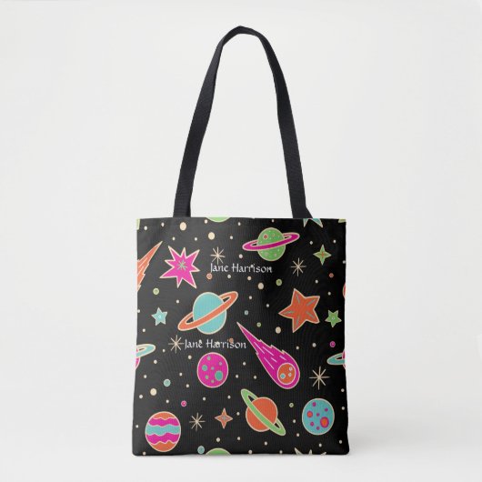 Cute Colorful Space Rocket Pattern Name Canvas tas (Voorkant)