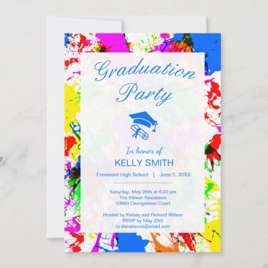 Cute colorful splatter verfgraduatie party kaart (Voorkant)