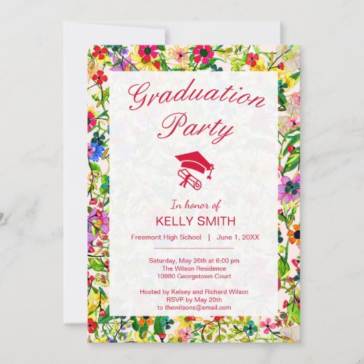 Cute colorful spring floral graduparty kaart (Voorkant)