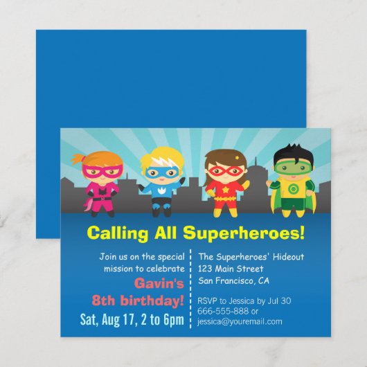 Cute Colorful Superheld Birthday Party Kaart (Voorkant / Achterkant)