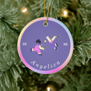 Cute Colorful Tennis Silhouettes Player's Name Keramisch Ornament