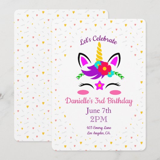 Cute Colorful Unicorn Birthday Invitation Kaart (Voorkant / Achterkant)