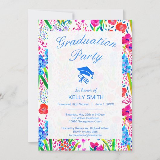 Cute colorful waterverf bloemen graduparty kaart (Voorkant)