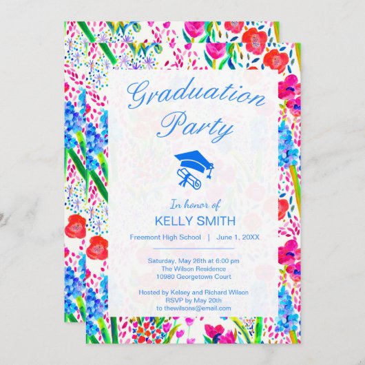Cute colorful waterverf bloemen graduparty kaart (Voorkant / Achterkant)