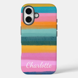 Cute Colorful Waterverf Brush Stroke Stripes Name iPhone 16 Hoesje