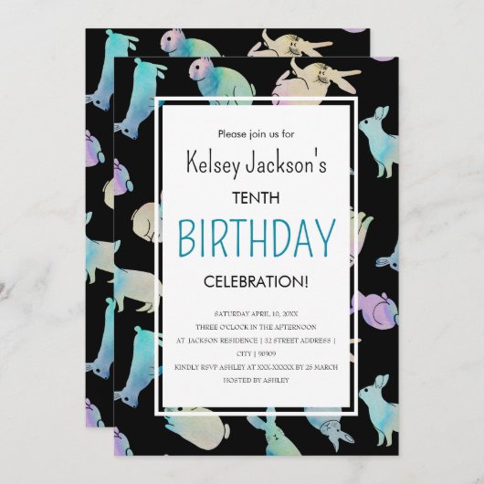 Cute Colorful Waterverf Bunny Rabbit Sjabloon Kaart (Voorkant / Achterkant)