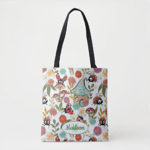 Cute Colorful Whimsical Ladybugs Glitter Monogram Tote Bag