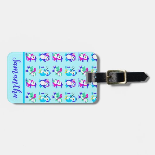 Cute Colorful Winter Penguins Personalized Bagagelabel (Voorkant horizontaal)