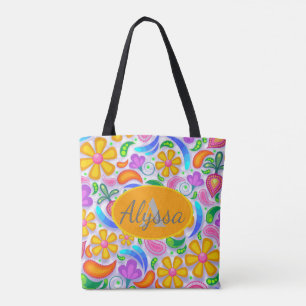 Cute Colorful Yellow and Paars Floral Monogram Tote Bag