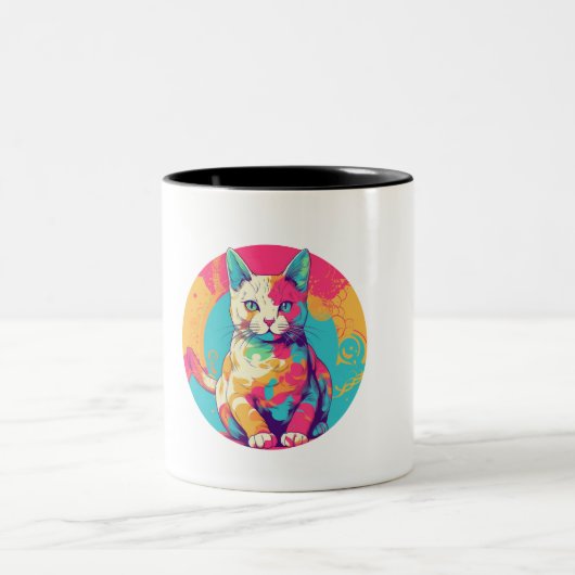 cute colorfull cat design tweekleurige koffiemok (Center)