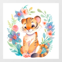 cute comic painted tiger in watercolor style
