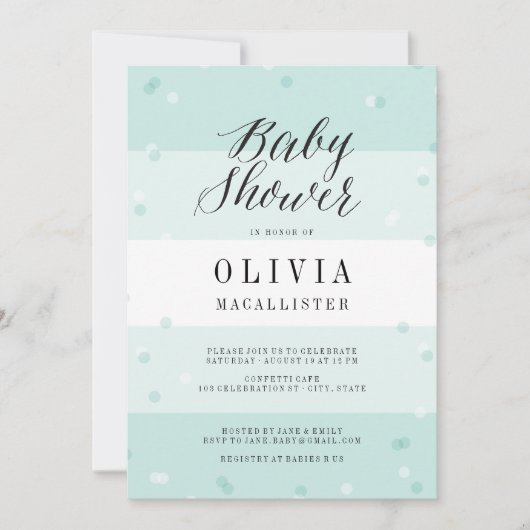 Cute Confetti Aqua Stripes Boy Baby shower nodigt Kaart (Voorkant)