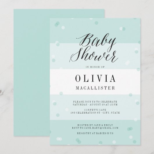 Cute Confetti Aqua Stripes Boy Baby shower nodigt  Kaart (Voorkant / Achterkant)
