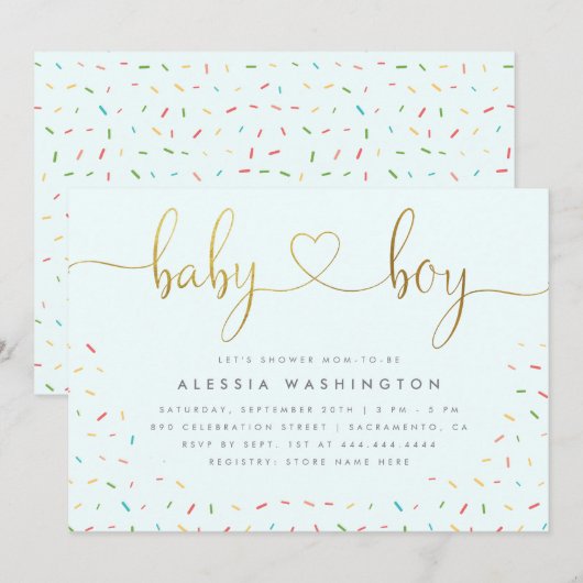 Cute Confetti Sprinkle Gold Boy Baby shower Kaart (Voorkant / Achterkant)