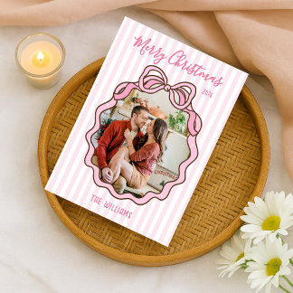 Cute Conquette Pink Bow Custom Photo Holiday Card Feestdagenkaart
