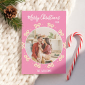 Cute Conquette Pink Bow Holiday Custom Photo   Feestdagenkaart