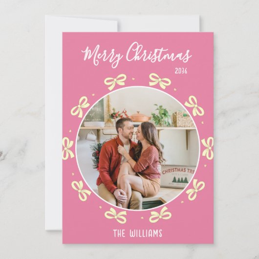 Cute Conquette Pink Bow Holiday Custom Photo   Feestdagenkaart (Voorkant)