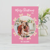 Cute Conquette Pink Bow Holiday Custom Photo   Feestdagenkaart (Staand voorkant)