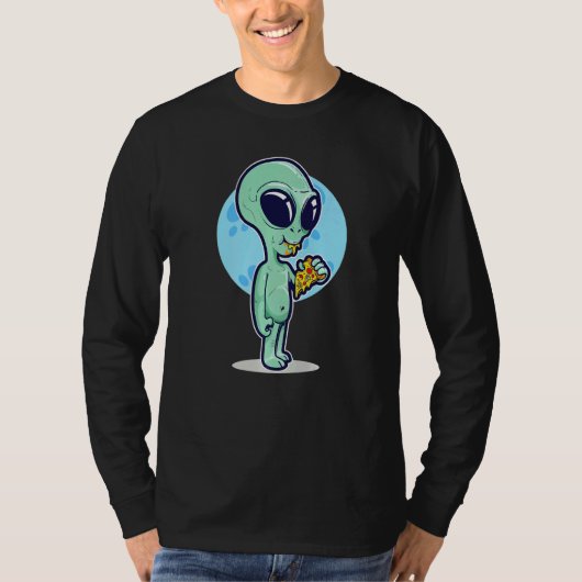 Cute Conspiracy Theory UFO Alien Eating Pizza T-shirt (Voorkant)