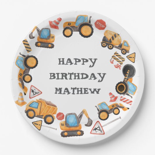 Cute Construction Birthday Papieren Bordje (Voorkant)