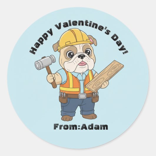 Cute Construction Bulldog Valentine Ronde Sticker (Voorkant)