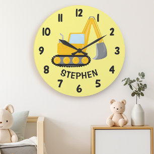 Cute Construction Claw Digger Boys Bedroom Wall Grote Klok