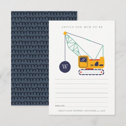 Cute Construction Crane Advice for Mum Baby shower Informatiekaartje (Voorkant / Achterkant)