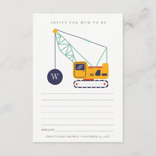 Cute Construction Crane Advice for Mum Baby shower Informatiekaartje (Voorkant)