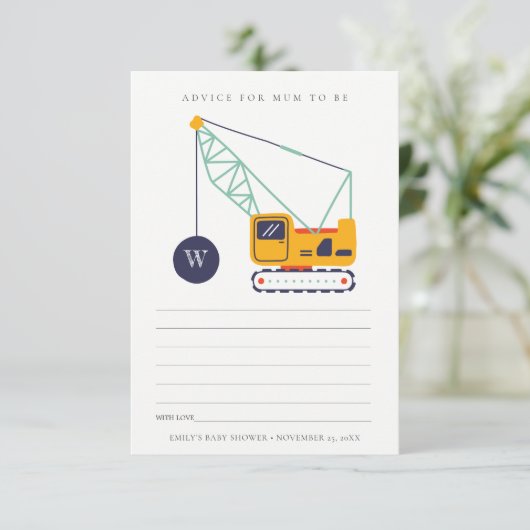 Cute Construction Crane Advice for Mum Baby shower Informatiekaartje (Staand voorkant)