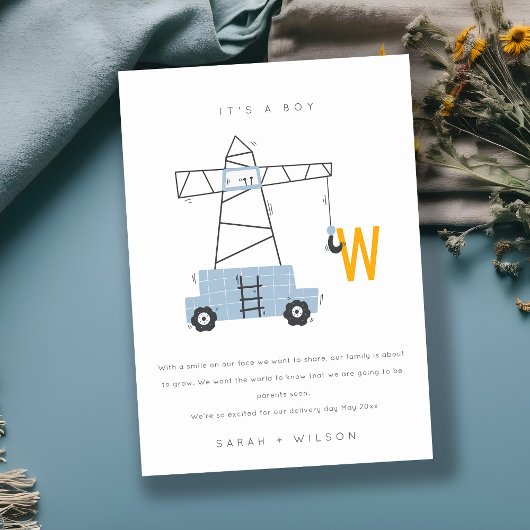 Cute Construction Crane Boy's Baby Announcement Bedankkaart