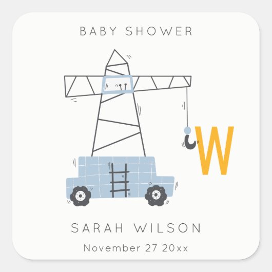 Cute Construction Crane Boy's Urban Baby shower Vierkante Sticker (Voorkant)