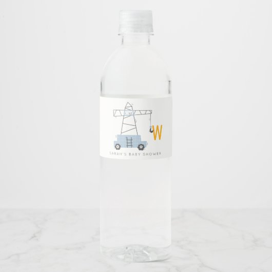 Cute Construction Crane Boy's Urban Baby shower Waterfles Etiket (Voorkant)