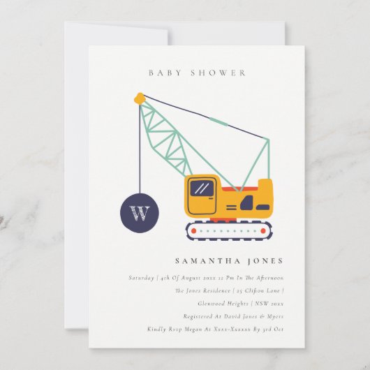 Cute Construction Crane Vehicle Baby shower Invite Bedankkaart (Voorkant)