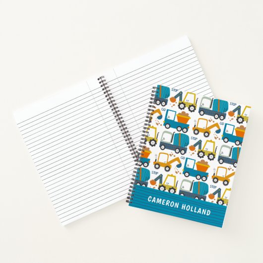 Cute Construction Diggers Personalized Notitieboek (Binnen)