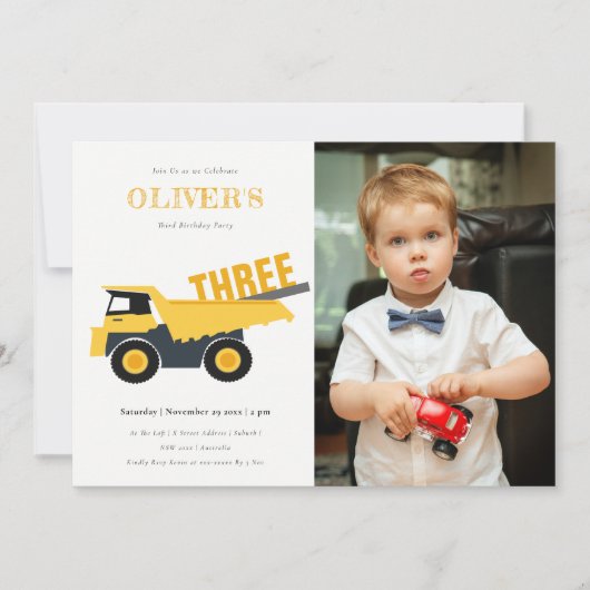 Cute Construction Dump Truck Photo Birthday Invite Bedankkaart (Voorkant)