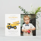 Cute Construction Dump Truck Photo Birthday Invite Bedankkaart (Staand voorkant)
