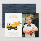 Cute Construction Dump Truck Photo Birthday Invite Bedankkaart (Voorkant / Achterkant)