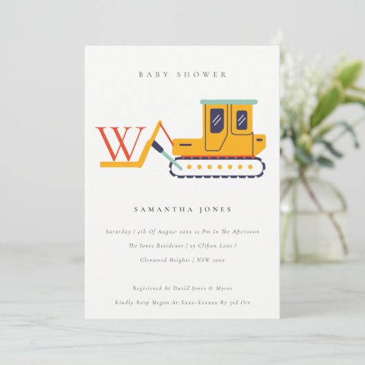 Cute Construction Fork Lift Monogram Baby shower Bedankkaart (Staand voorkant)