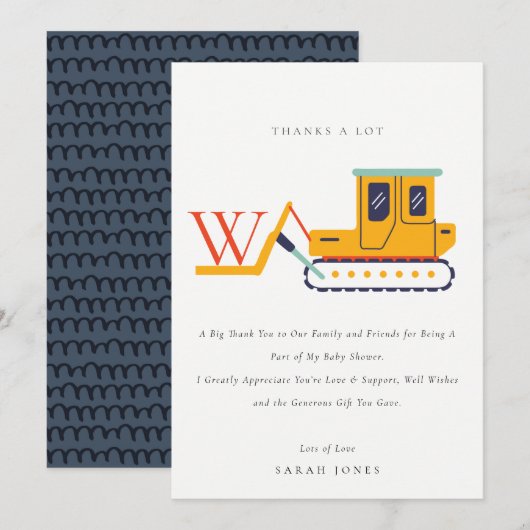 Cute Construction Monogram Fork Lift Baby shower Bedankkaart (Voorkant / Achterkant)