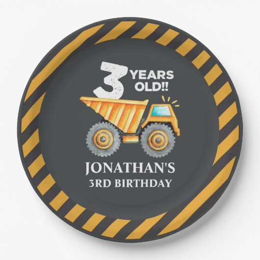 Cute Construction Party for 3rd Birthday Kids Papieren Bordje (Voorkant)