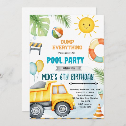 Cute construction pool theme invitation kaart (Voorkant / Achterkant)
