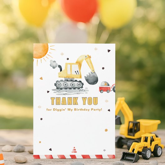 Cute Construction Truck Birthday Thank You Card