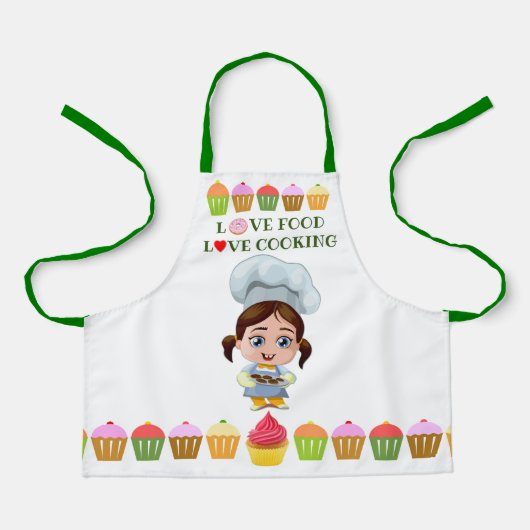 Cute cook cartoon personage met cupcakes schort (Voorkant)