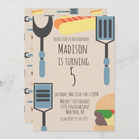 Cute Cookout Birthday Party Hamburger Hotdog Aankondiging (Voorkant / Achterkant)