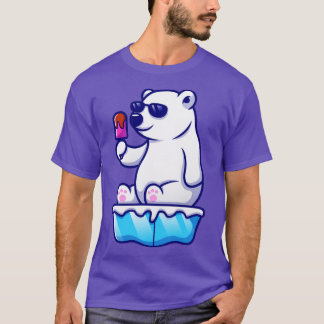 Cute Cool Polar Beer Eating Popsiche on Ice Cartoo T-shirt