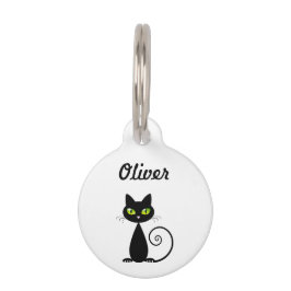 Cute Cool Sitting Black Cat met groene ogen Huisdierpenning