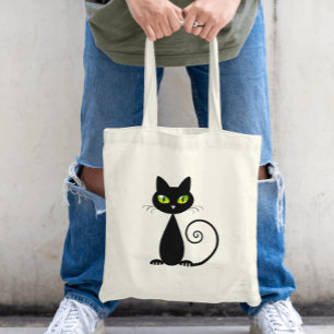 Cute Cool Sitting Black Cat met groene ogen Tote Bag
