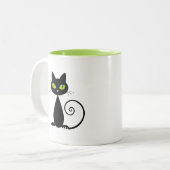 Cute Cool Sitting Black Cat met groene ogen Tweekleurige Koffiemok (Voorkant links)